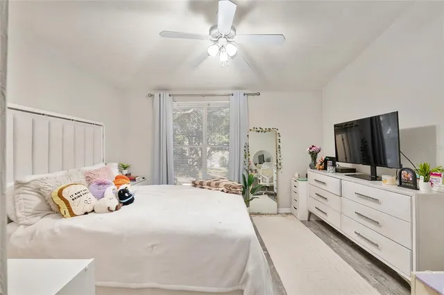 a bedroom with a bed and flat screen tv