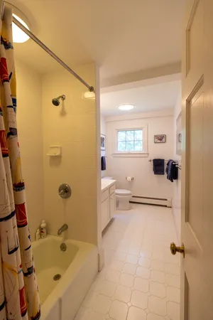 a bathroom with a tub sink toilet and mirror