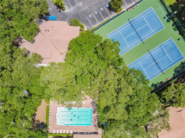 an aerial view of a backyard