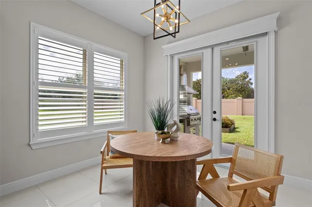 a view of a dining room with furniture window and outside view