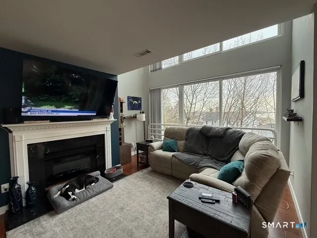 a living room with furniture a flat screen tv and a fireplace