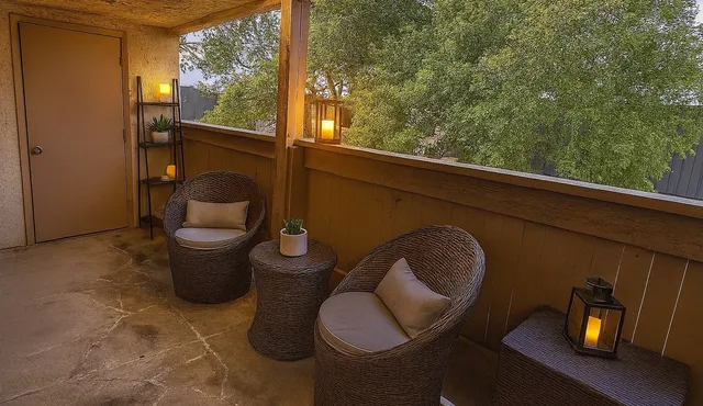 a room with chairs and a potted plant