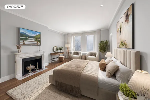 a bedroom with a bed and a fireplace