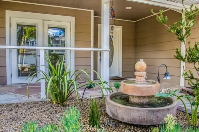 a coffee table and a potted plant sitting in a backyard