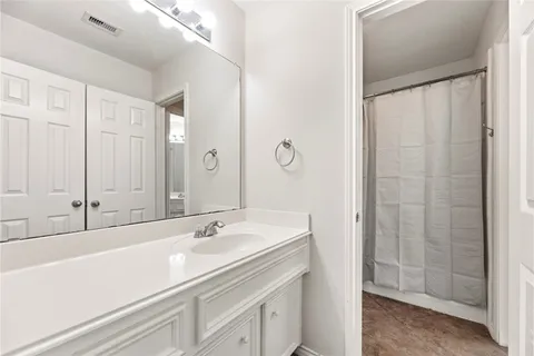 a bathroom with a shower sink and vanity