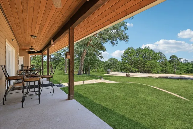 a view of a patio with table and chairs potted plants and palm tree