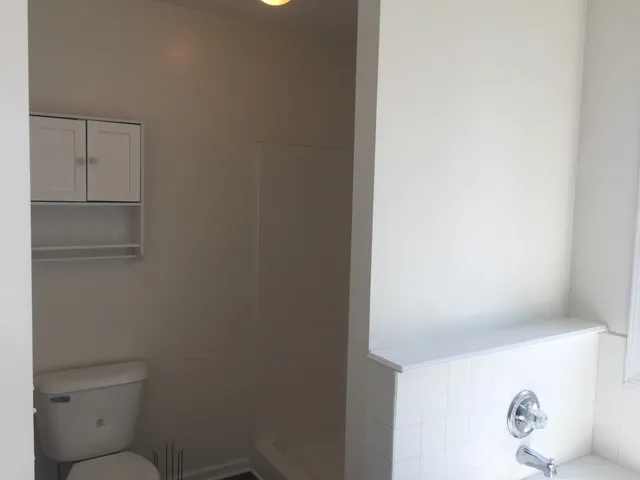 a bathroom with a toilet and a shower