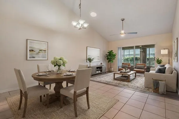 a view of a dining room with furniture
