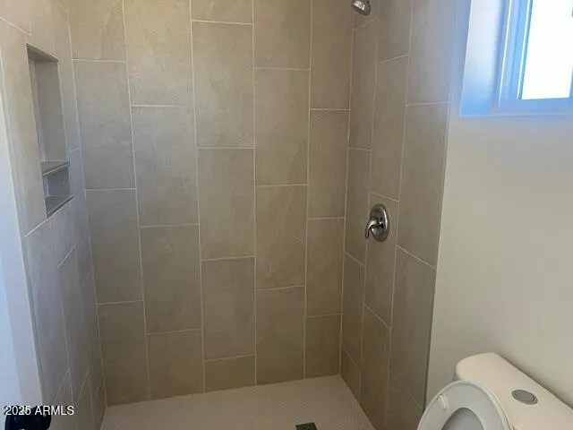 a bathroom with a shower and toilet