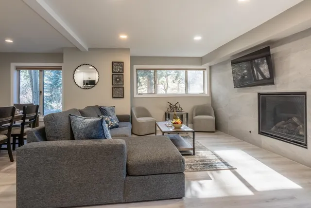 a living room with furniture and a fireplace