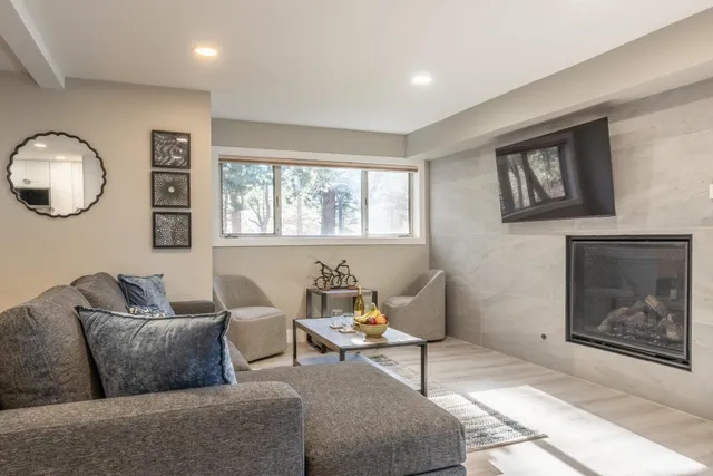 a living room with furniture a window and a fireplace