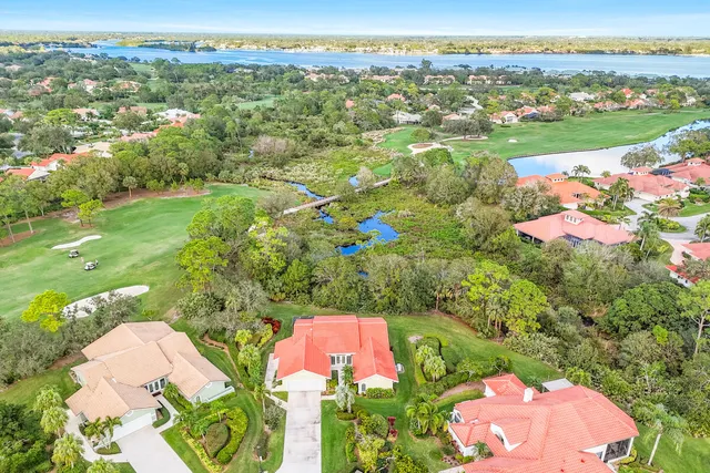 a aerial view of a house with a yard and potted plants