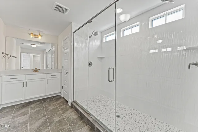a bathroom with a shower and a sink