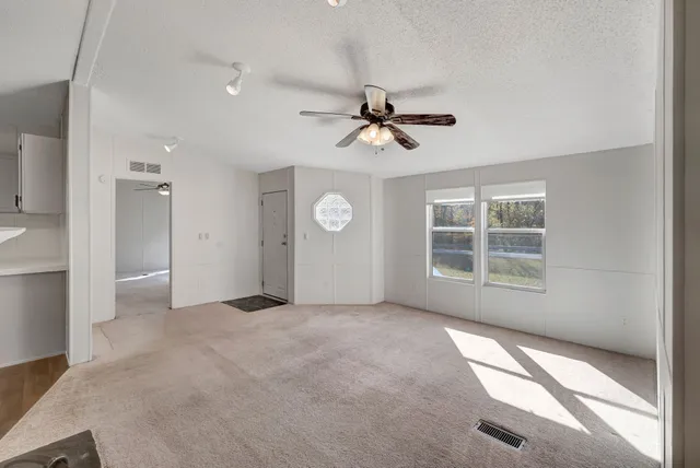 a view of a livingroom with a fireplace closet and windows