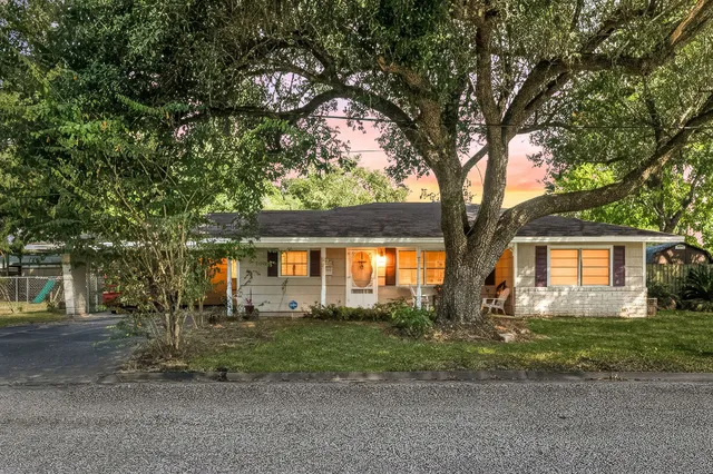 a front view of a house with a yard and a tree