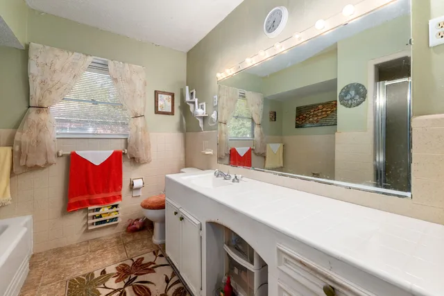 a bathroom with a sink vanity mirror and toilet