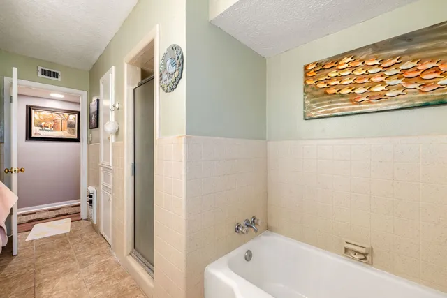 a bathroom with a bathtub and a shower