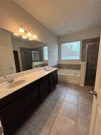 a bathroom with a double vanity sink a mirror and a bathtub