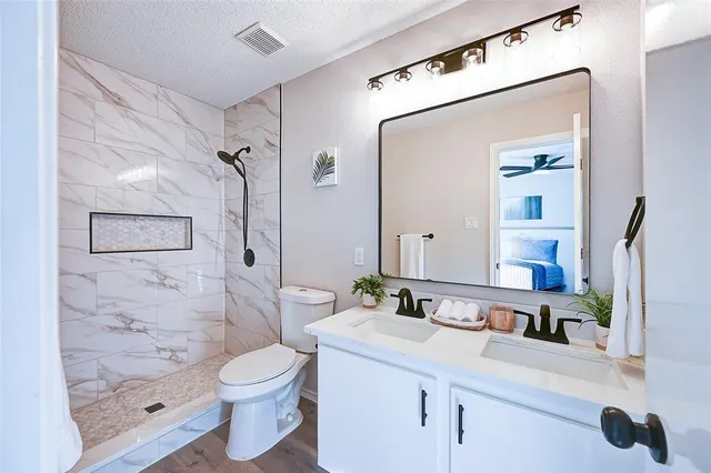 a bathroom with a sink a toilet and a mirror