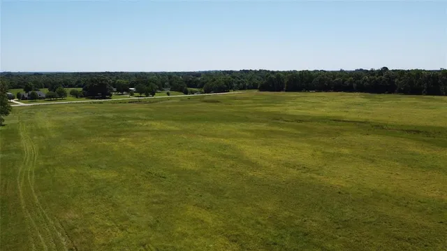 a view of a field with trees in the background