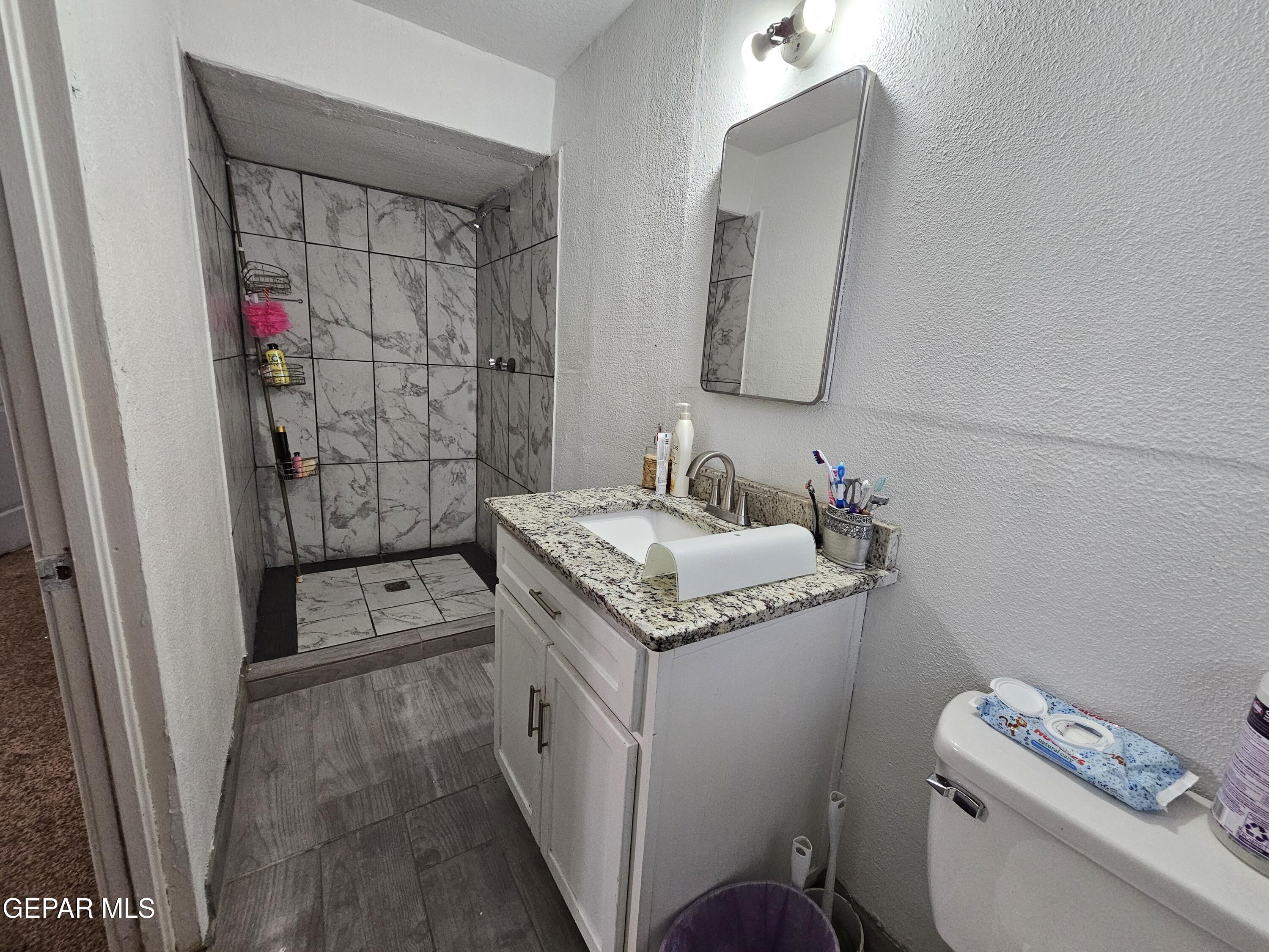 1400 San Andres Drive Las Cruces, NM 88007 - Photo 23 of 47 a bathroom with a granite countertop sink a toilet a mirror and shower