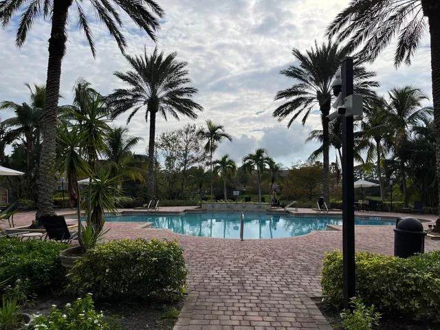 a view of a swimming pool with a yard and palm trees