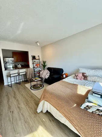 a bedroom with a bed and flat screen tv