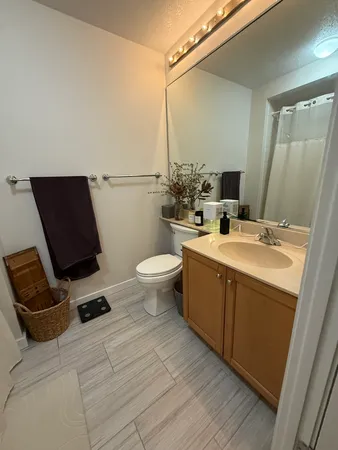 a bathroom with a double vanity sink toilet and mirror