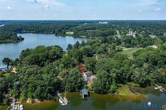 an aerial view of green landscape with trees houses and lake view