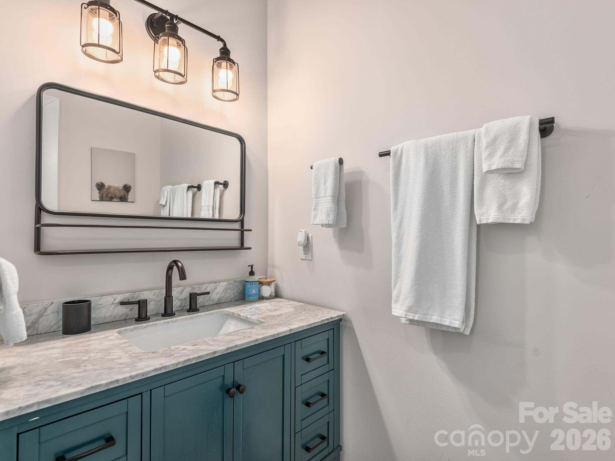 2201 Bulling Creek Road Hendersonville, NC 28739 - Photo 28 of 47 a bathroom with a granite countertop sink and a mirror