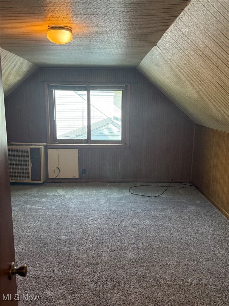 1284 Haverston Road Lyndhurst, OH 44124 - Photo 31 of 43 Additional living space featuring carpet floors, lofted ceiling, wood walls, and a textured ceiling