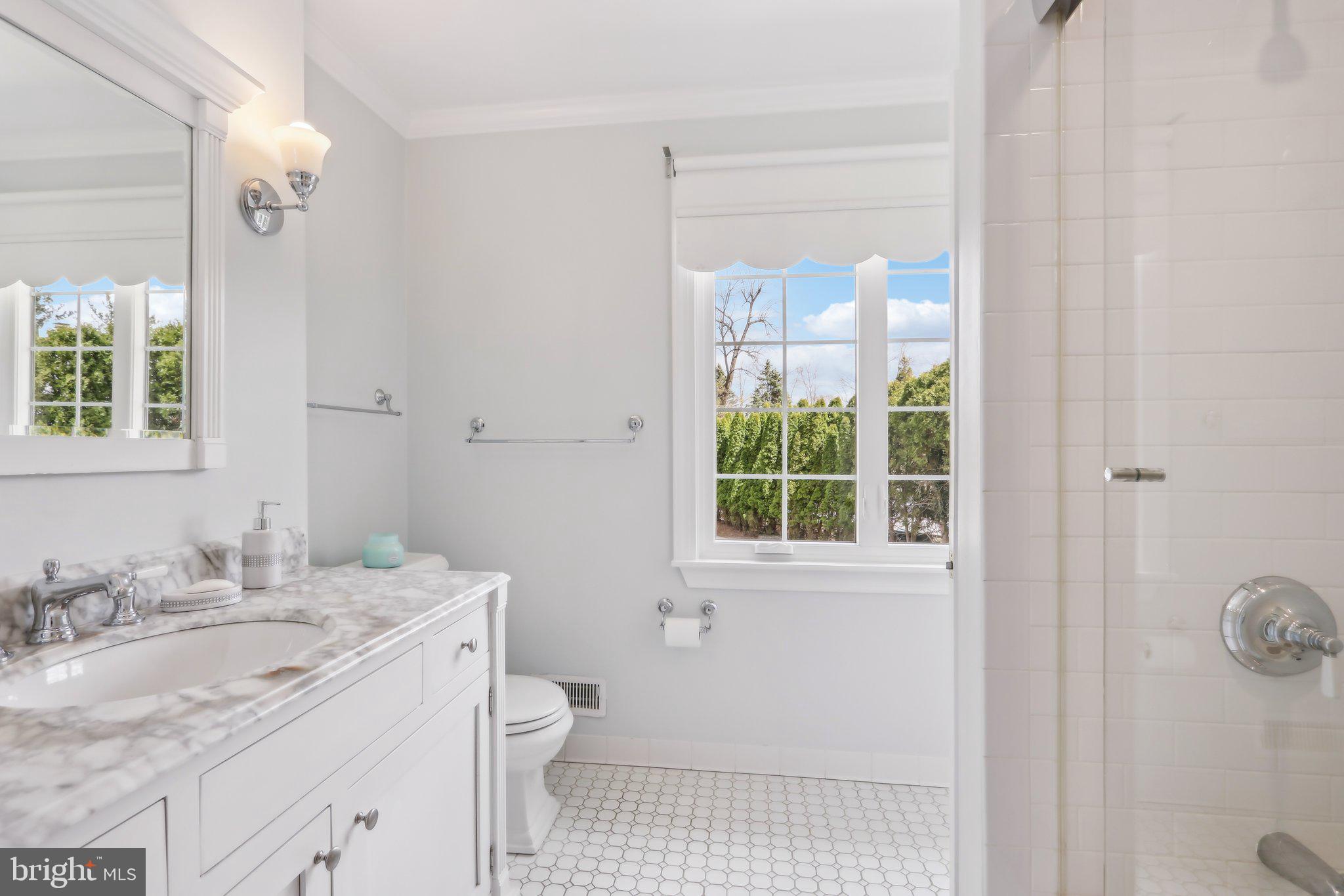 410 North Valley Forge Road Devon, PA 19333 - Photo 53 of 84 a bathroom with a granite countertop sink a toilet and shower