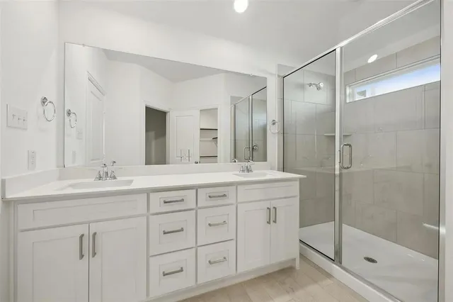 a bathroom with a shower sink and mirror