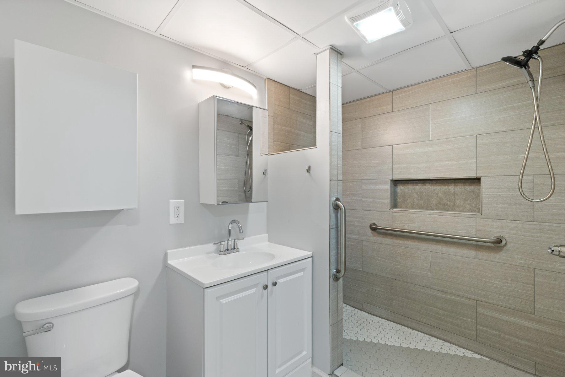 13033 Bottom Road Hydes, MD 21082 - Photo 38 of 45 a bathroom with a shower sink vanity and mirror