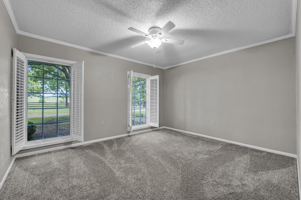 15796 Chapel Road Lorena, TX 76655 - Photo 15 of 28 Unfurnished room with a ceiling fan, a textured ceiling, carpet floors, and ornamental molding