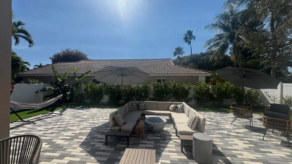 a view of a terrace with a bench