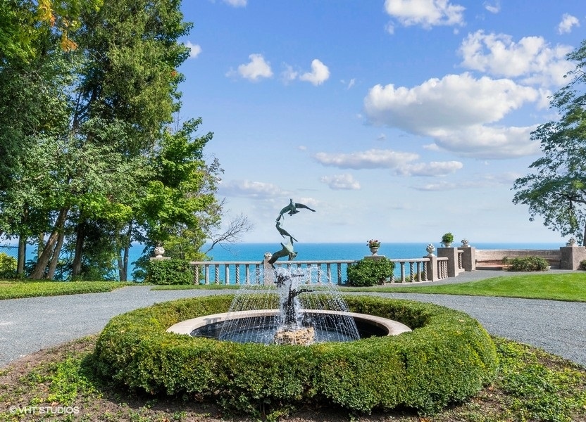 a view of a garden with large trees
