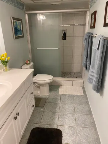 a bathroom with a sink a toilet and shower