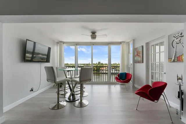 a view of a dining room with furniture window and outside view