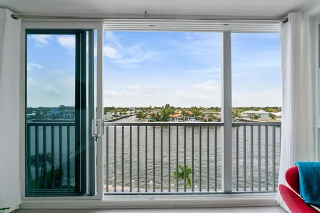 a view of a balcony from a window