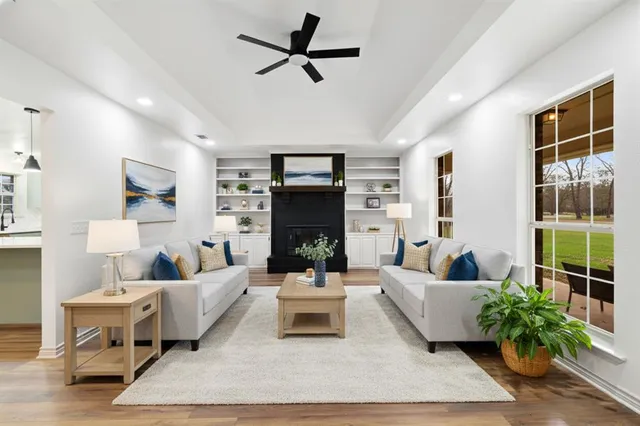 a living room with furniture fireplace and a potted plant