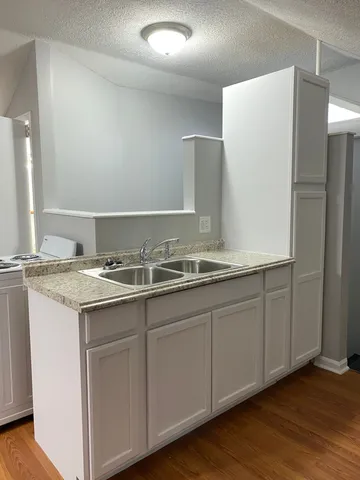 a bathroom with double sink and a large mirror