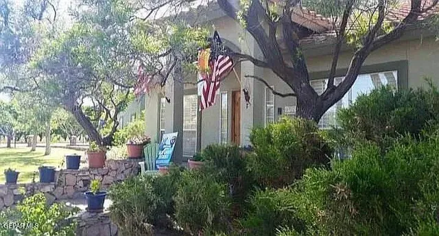 a view of a green yard with a lake view