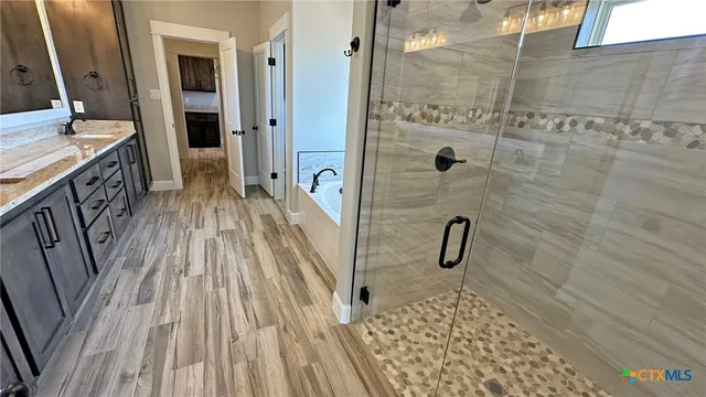 a bathroom with a sink a toilet a shower and a mirror