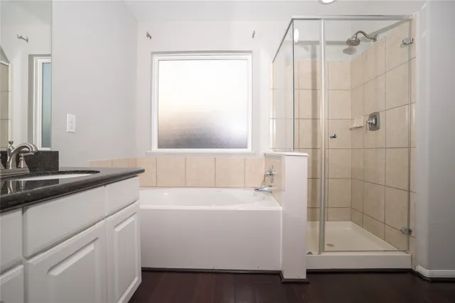 a bathroom with a sink a shower and a mirror