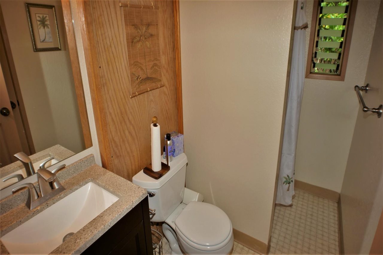 26 Manu Street Kula, HI 96790 - Photo 22 of 30 a bathroom with a sink a toilet and shower curtain