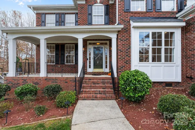 a view of a park with large trees