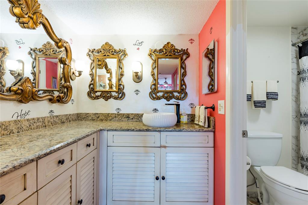 9 Haig Place, Unit 801 Dunedin, FL 34698 - Photo 28 of 36 a bathroom with a granite countertop sink a toilet and shower curtain