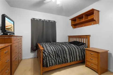 a bedroom with a bed and flat tv screen on the dresser