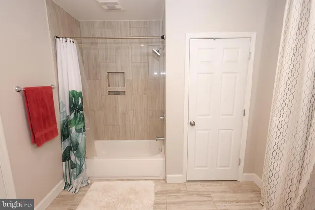 a large room with bed